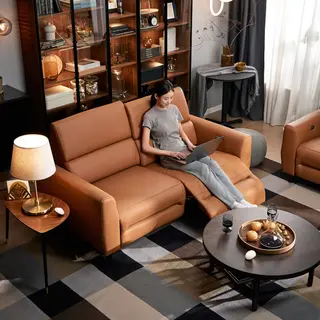 LISTERBY/RULLERUM set: 2-seat sofa with electric recliner + coffee table, Grann/Bomstad golden-brown + dark brown beech veneer, Depth 94 x Width 184 cm