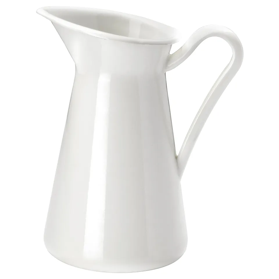 A white SOCKERÄRT vase made of enamel and steel, with a simple, sleek design and a handle.