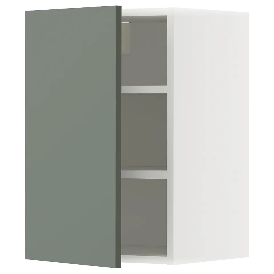 Modern METOD kitchen cabinet with grey-green door and adjustable shelves.