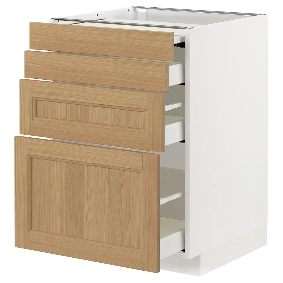 White METOD kitchen cabinet with oak drawers, four visible, including a large pull-out workspace.