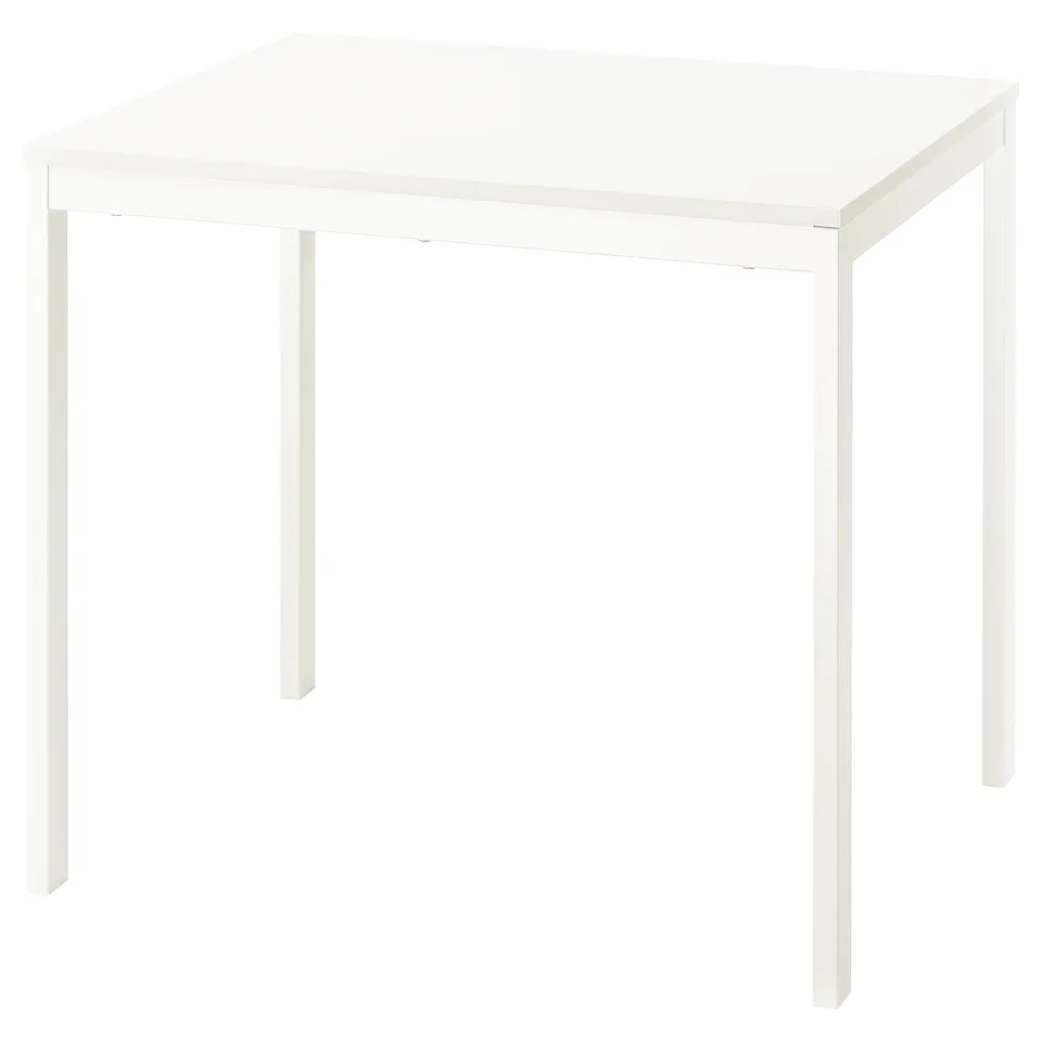 VIHALS white extendable dining table, minimalist design, rectangular shape, sturdy steel legs, melamine tabletop.