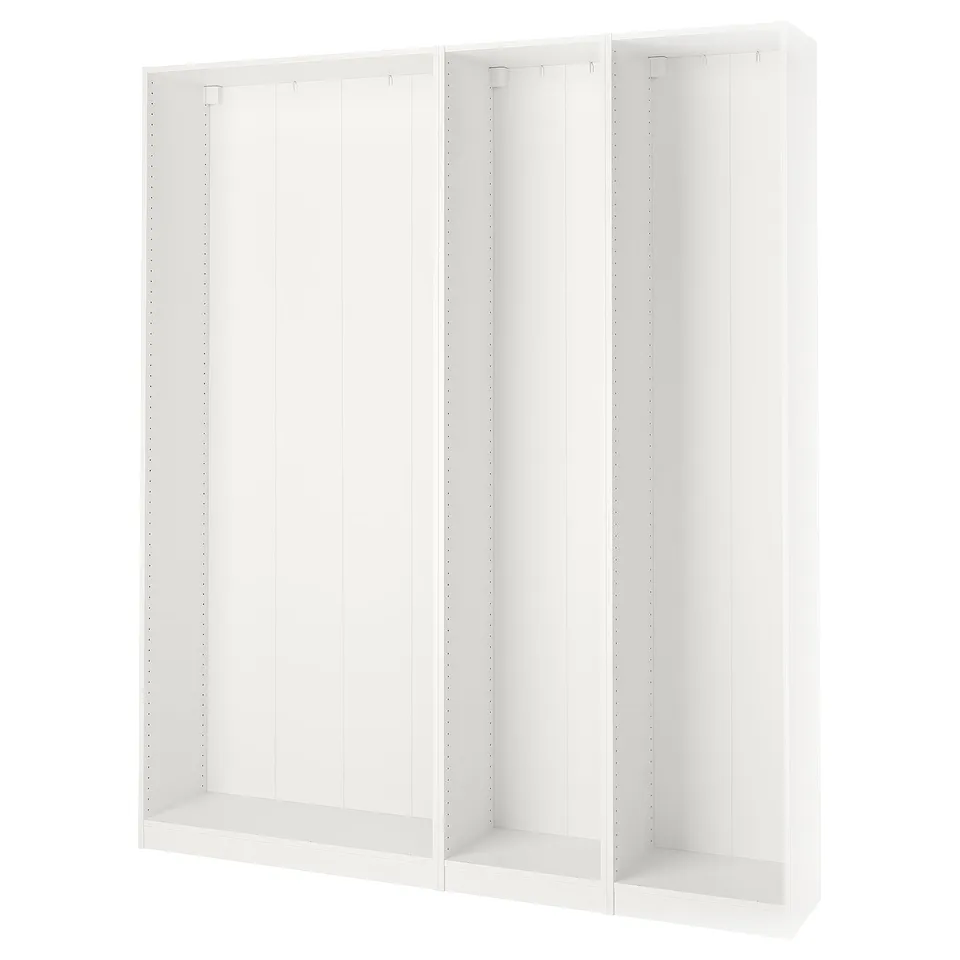 A white PAX wardrobe frame, minimalist design, made of fibreboard and particleboard, ideal for space-saving.