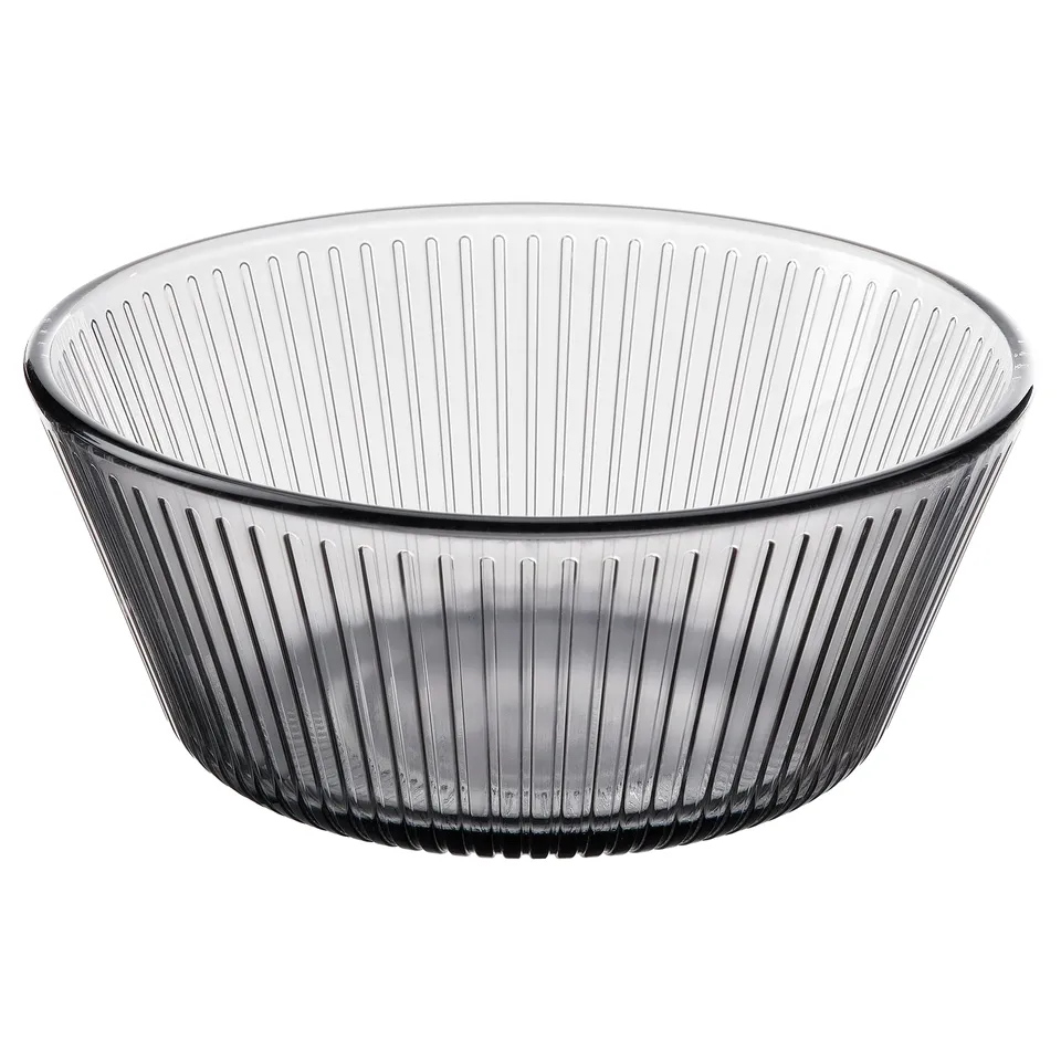 HAVSGÄDDA grey glass bowl, ribbed design, round shape, clear tempered glass.