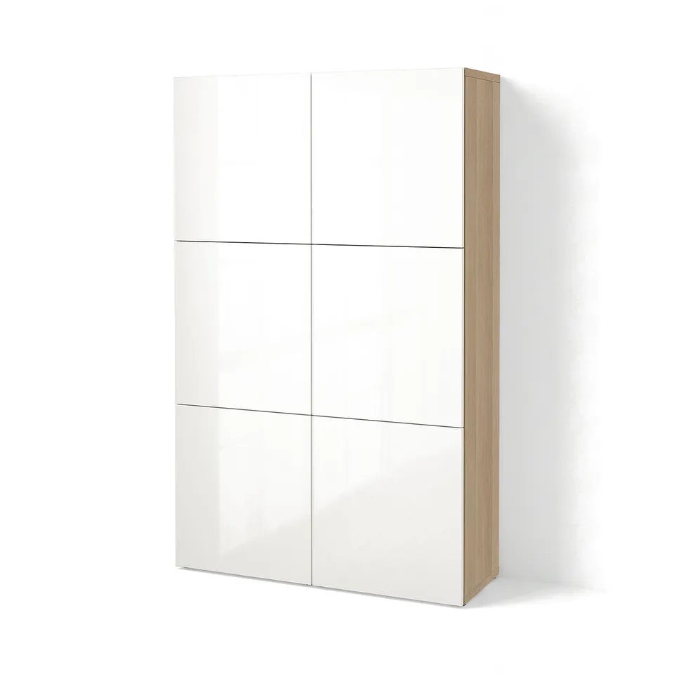 BESTÅ Storage combination with doors, white stained oak effect/Selsviken high-gloss/white, 120x42x193 cm