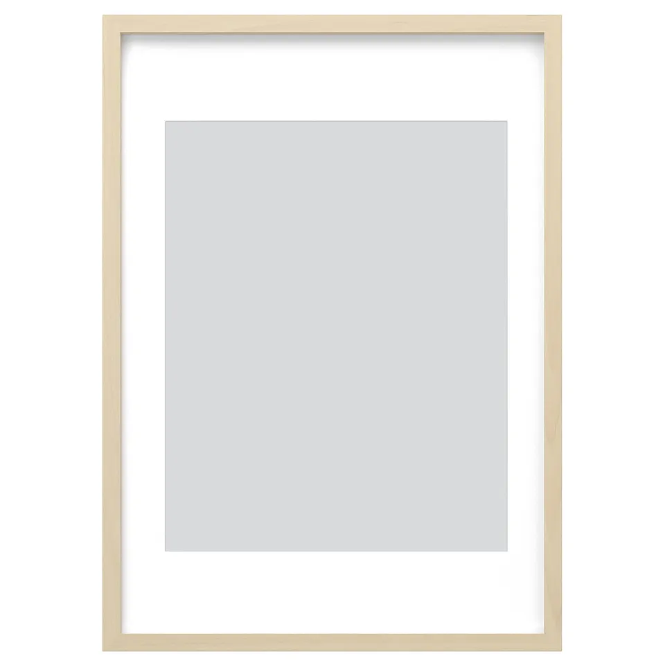 Modern RÖDALM picture frame with light wood design, plastic front protection for safety, can hang vertically or horizontally.