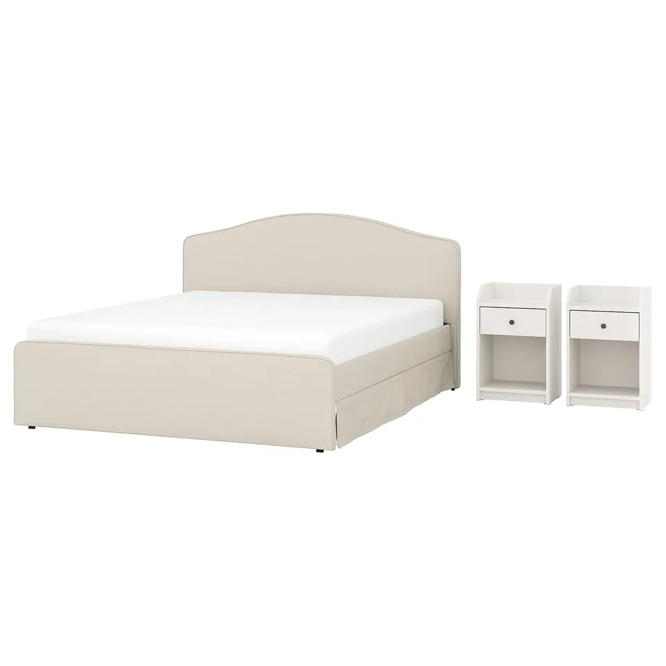 RAMNEFJÄLL bed set: beige upholstered bed and two white nightstands with drawers and shelves, minimalist and modern.
