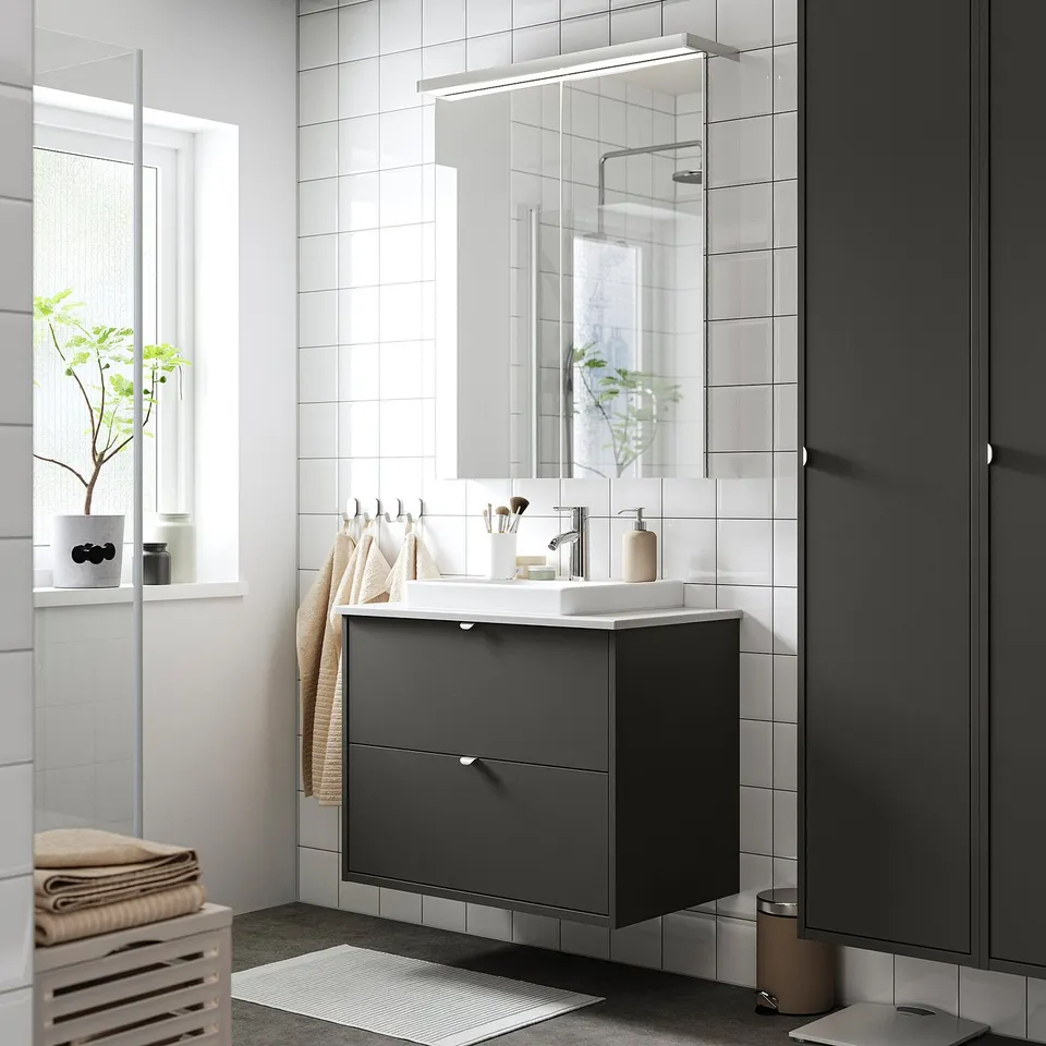 HAVBÄCK / ORRSJÖN Wash-stnd w drawers/wash-basin, dark grey/grey stone effect, 82x49x71 cm