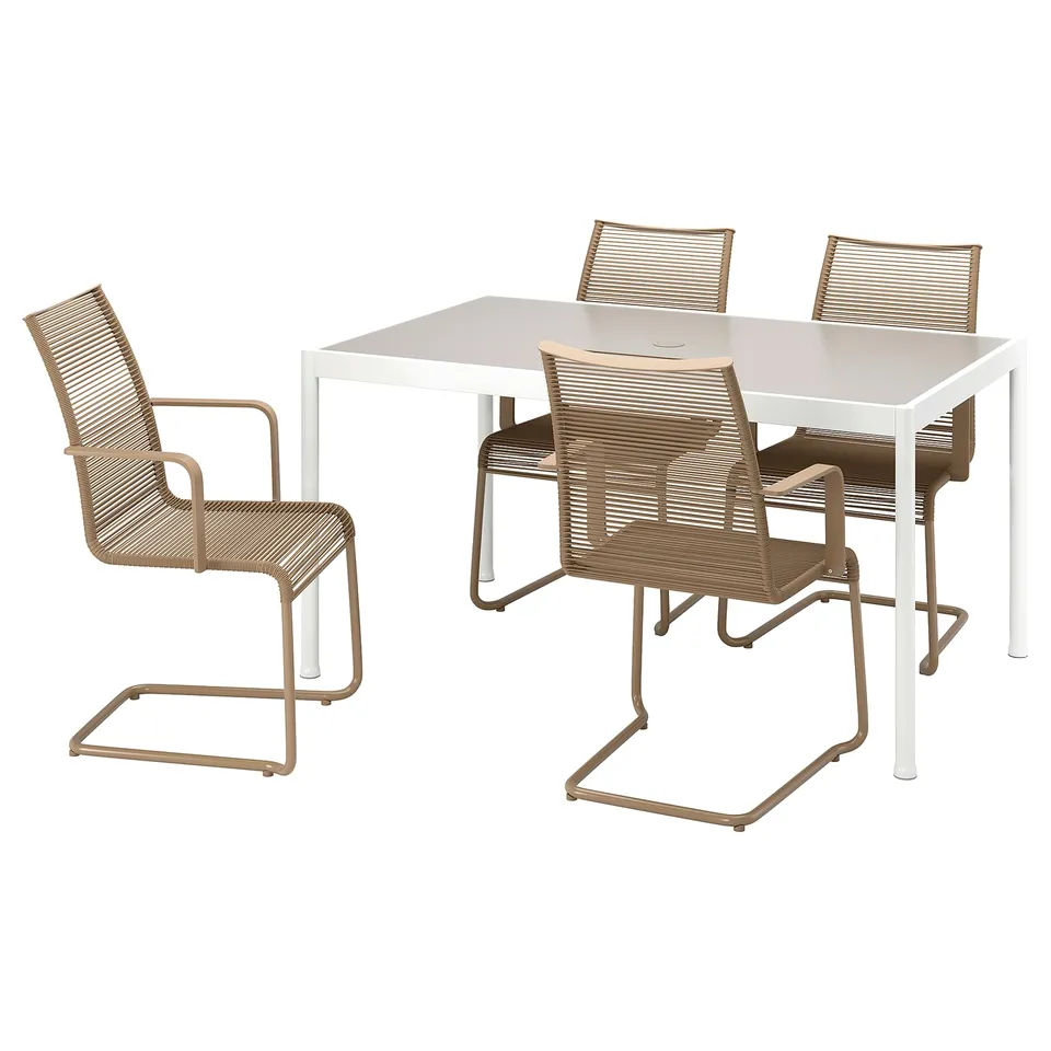 White outdoor table with four beige wicker chairs, perfect for patio use. Modern, sleek design with armrests.