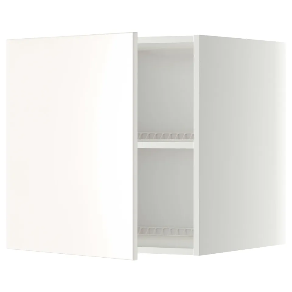 Ikea METOD white wall cabinet, one door open, two shelves visible. Adjustable, square, modern design.