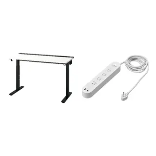 KOPPLA/MITTZON set: desk + 4-way socket with 2 USB ports, white/black + white, 120x60 cm