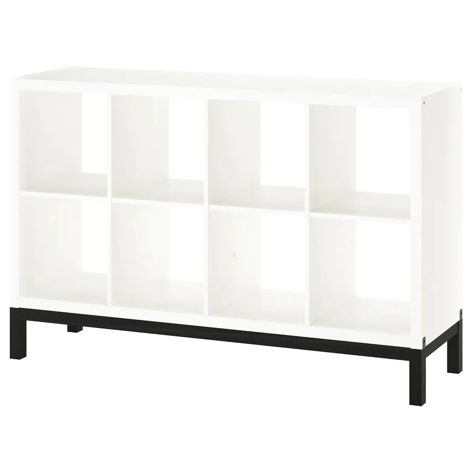 White KALLAX shelving unit, square-shaped with black underframe, five open compartments.