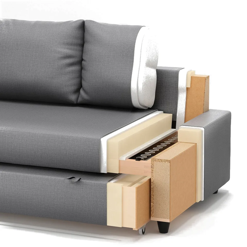 Modern sofa layers: foam, fabric, particleboard, wood.