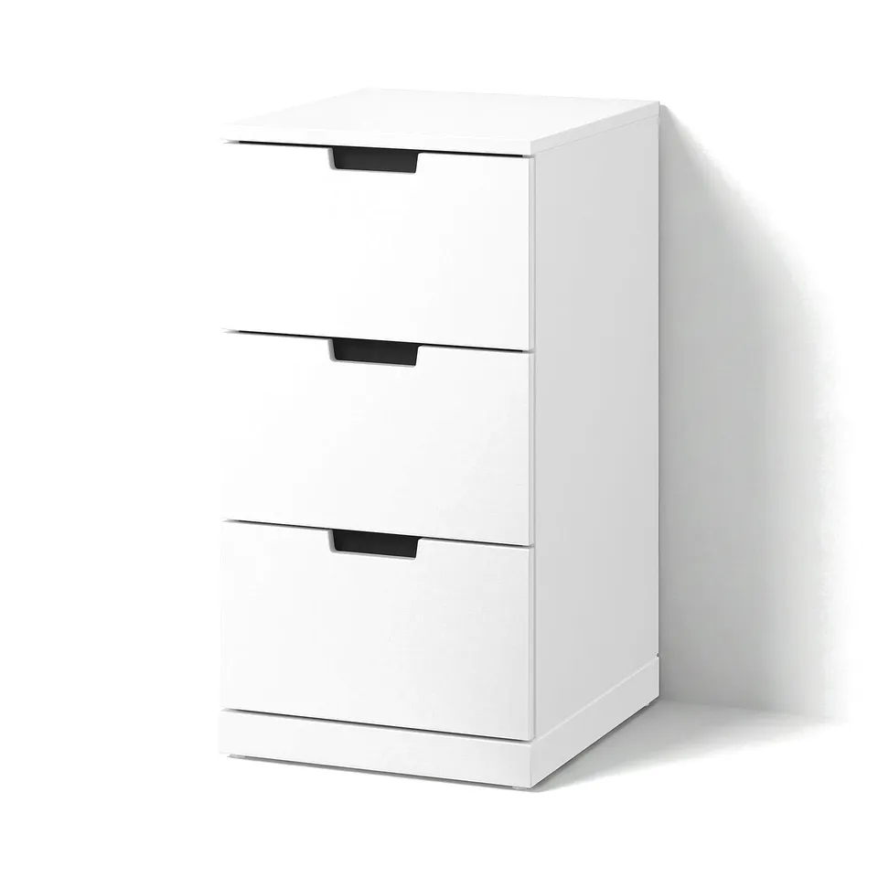 White NORDLI 3-drawer chest, modern minimalist with black handles.