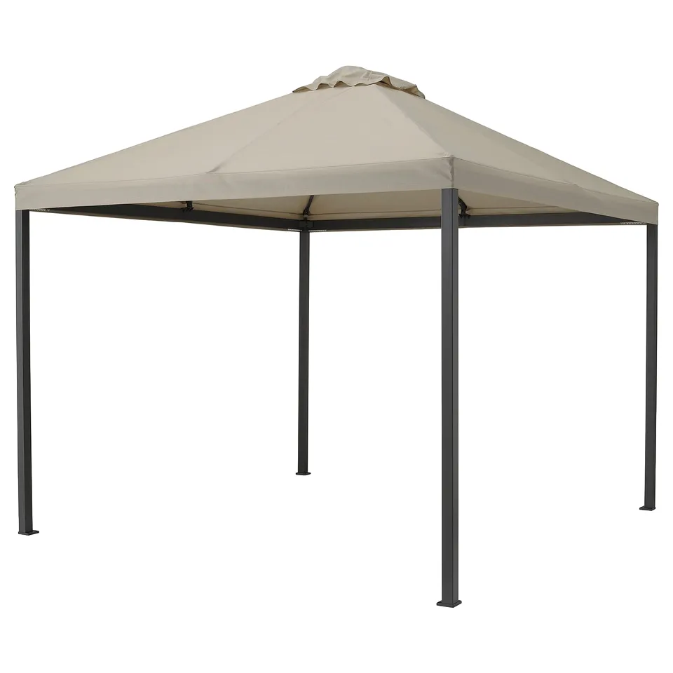 Beige outdoor gazebo with metal legs, square shape, provides sun protection.
