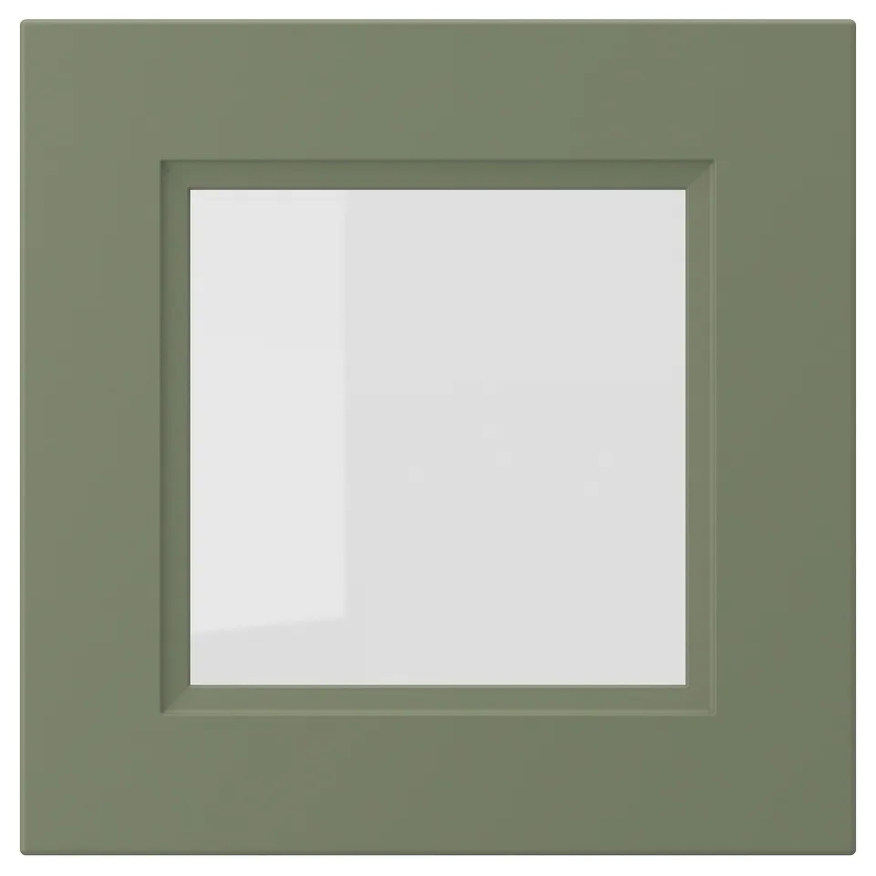AXSTAD green glass door with grey-green matte surface, featuring a square inset glass panel.