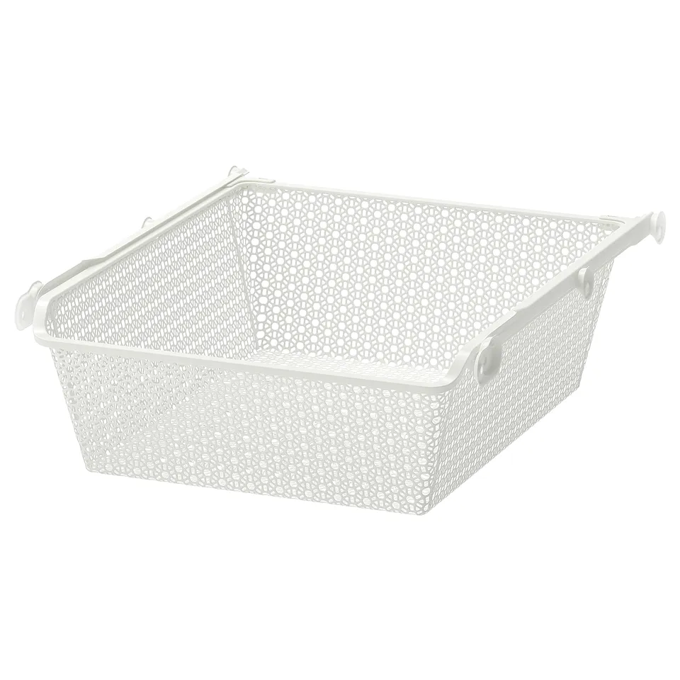 KOMPLEMENT white mesh storage basket, rectangular with handles, ideal for organising clothes and accessories.