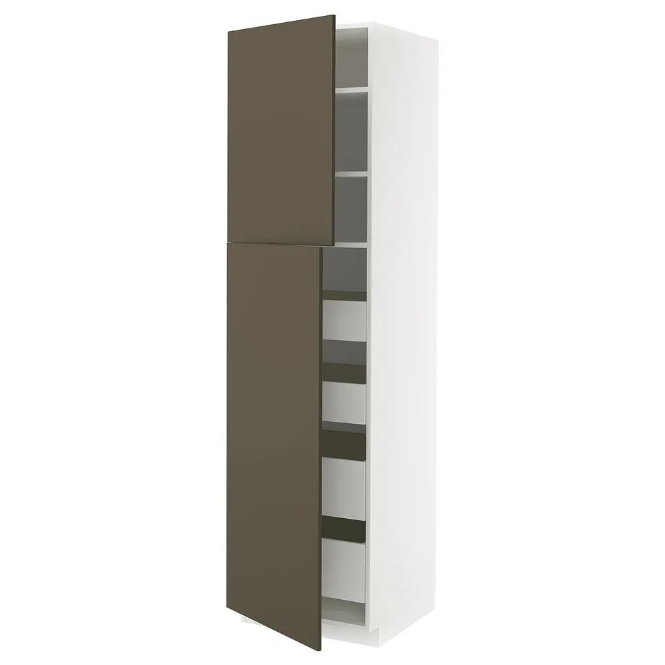Modern, tall white kitchen cabinet with brown doors, shelves inside.